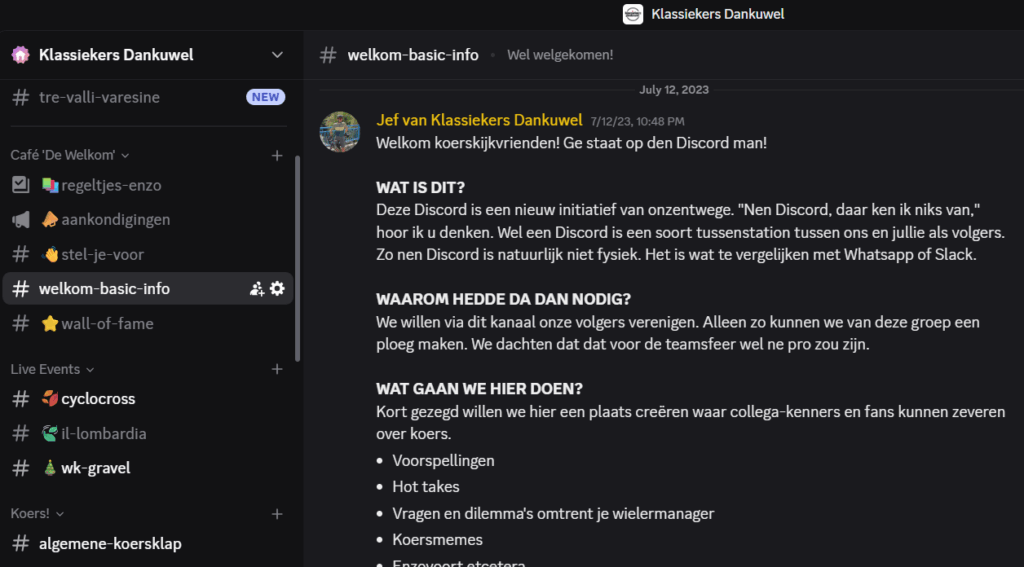 discord klassiekers dankuwel koers wielrennen